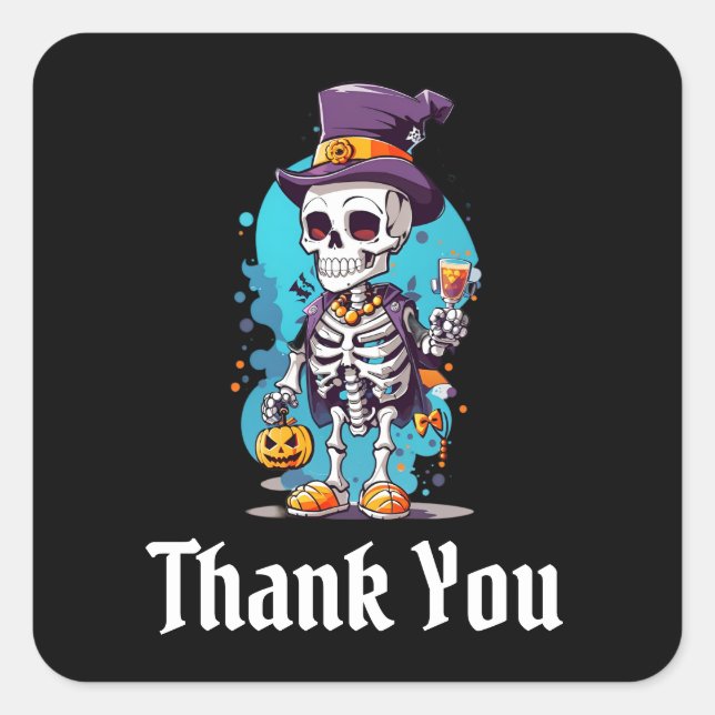 Skeleton in a Top Hat Halloween Thank You Square Sticker (Front)