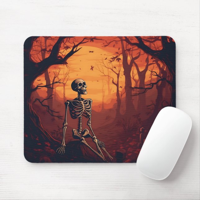 Skeleton In Spooky Forest Halloween Tree Mouse Pad (With Mouse)