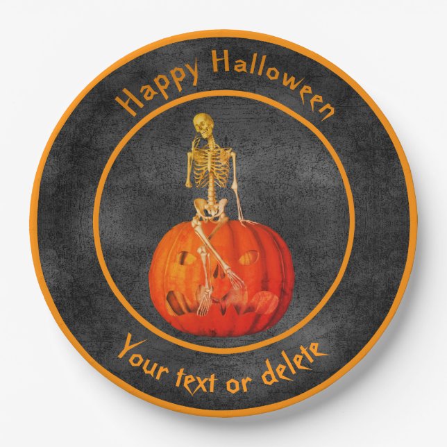 Skeleton Jack- O'-Lantern Personalized Halloween Paper Plate (Front)