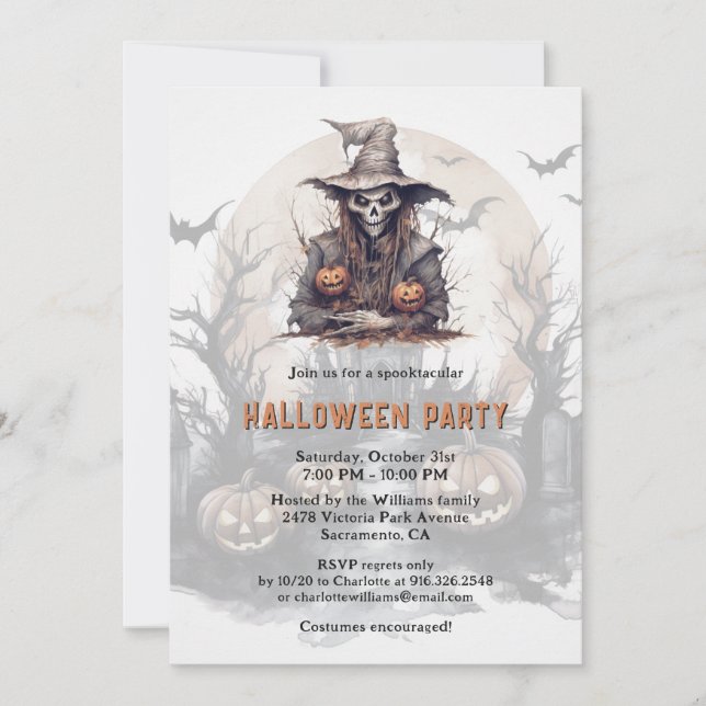 Skeleton Jack-O-Lanterns Bats Moon Halloween Party Invitation (Front)