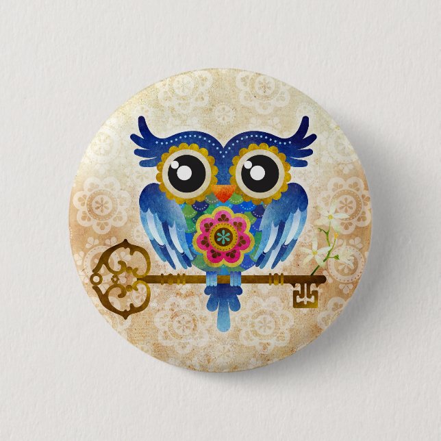 Skeleton Key Owl 2 Inch Round Button (Front)