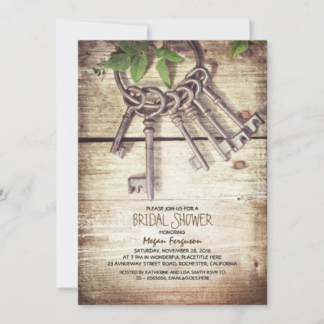 Skeleton Keys Rustic Bridal Shower Invitations (Devant)