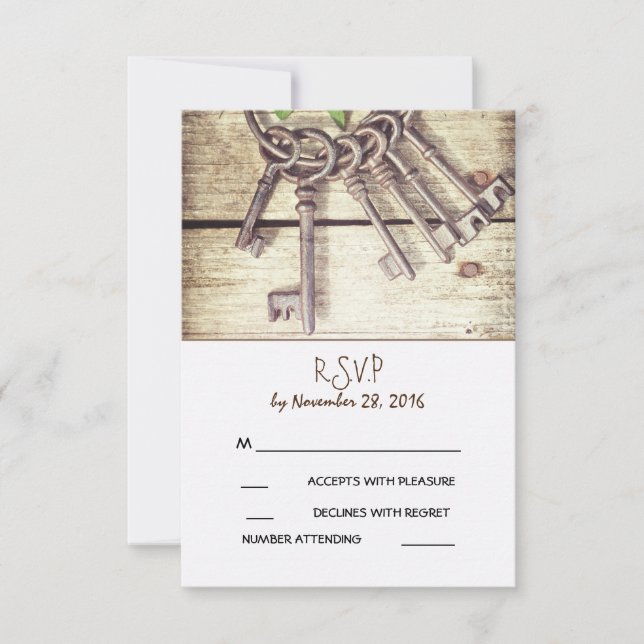 Skeleton Keys Rustic Country Wedding RSVP Card (Front)