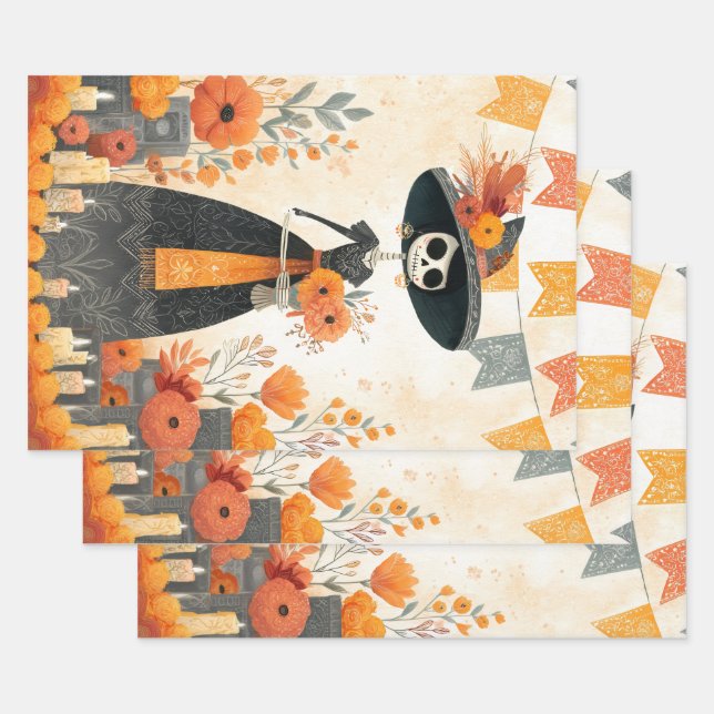 Skeleton Lady La Catrina Day of the Dead  Wrapping Paper Sheet (Set)