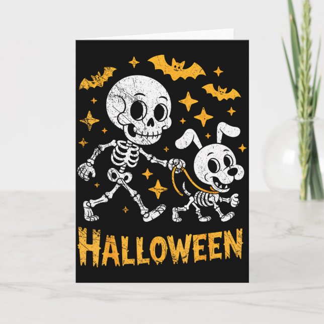 Skeleton Leads Dog Funny Skull Pet For Halloween C Card (Front)