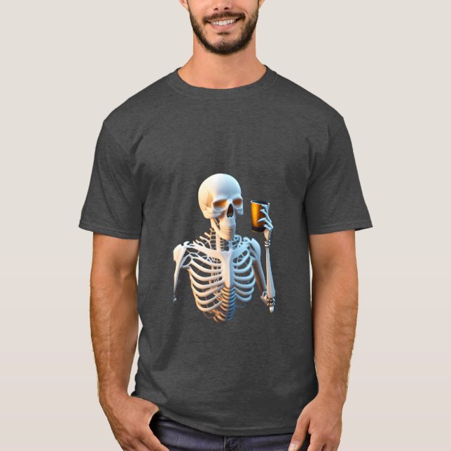 Skeleton looking at a cup of coffee cool design gi T-Shirt (Front)