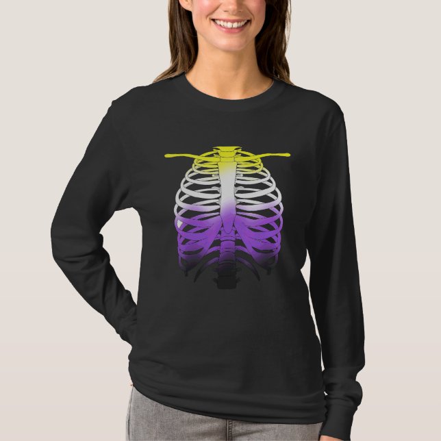 Skeleton LQBTQ Non Binary Halloween Pride Flag T-Shirt (Front)
