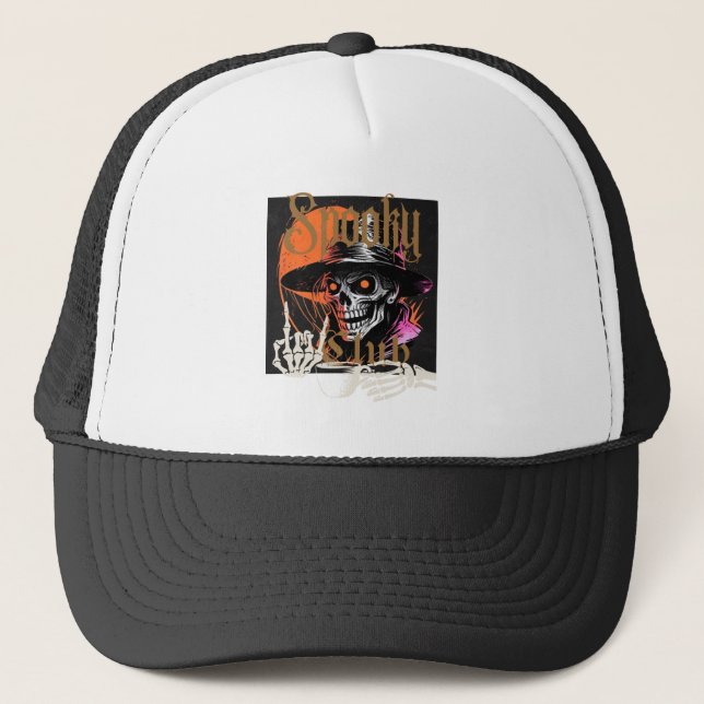 Skeleton Man Enjoying Coffee Trucker Hat (Front)