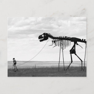 Skeleton man walking skeleton dinosaur, SD Postcard