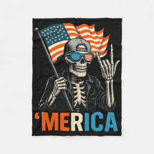 Skeleton Merica Rock American Flag Patriotic Usa 4 Fleece Blanket