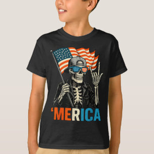 Skeleton Merica Rock American Flag Patriotic USA T-Shirt