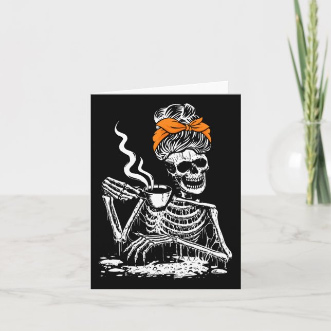 Skeleton Messy Bun Coffee Drinking Halloween Costu Card (Front)