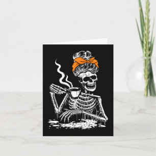 Skeleton Messy Bun Coffee Drinking Halloween Costu Card