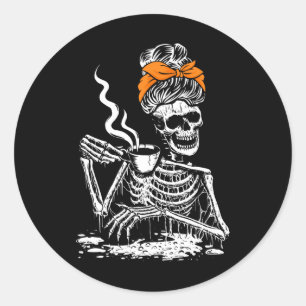 Skeleton Messy Bun Coffee Drinking Halloween Costu Classic Round Sticker