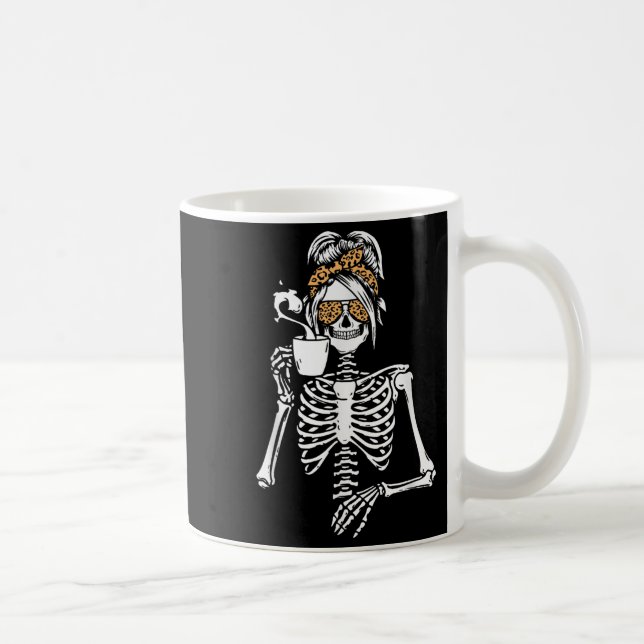 Skeleton Messy Bun Coffee Drinking Halloween Costu Coffee Mug (Right)