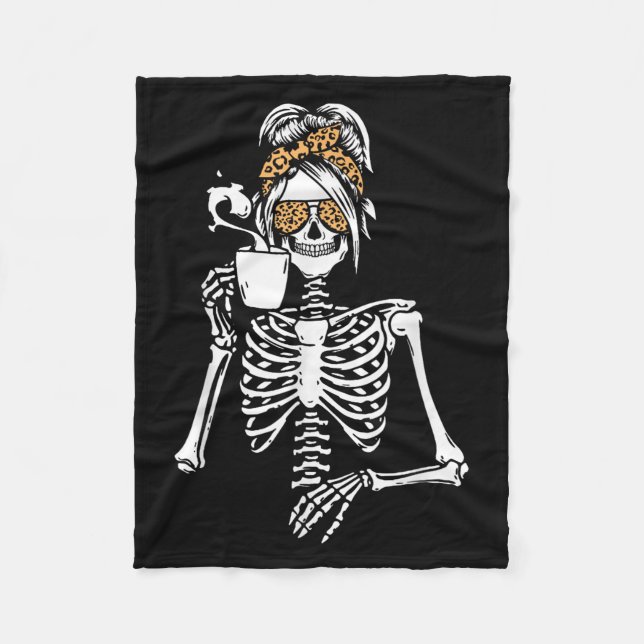Skeleton Messy Bun Coffee Drinking Halloween Costu Fleece Blanket (Front)