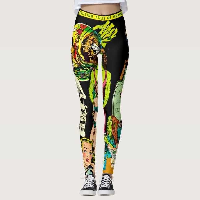 Skeleton Monsters Witch Altered Art Horror Collage Leggings (Front)