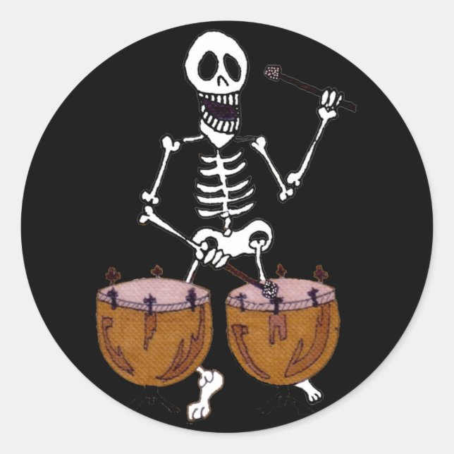 Skeleton Musician Drummer on Kettle Drums Classic Round Sticker (Front)