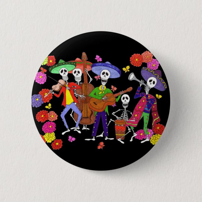 Skeleton Musicians Mariachi Band Guitar Violin +   2 Inch Round Button (Front)