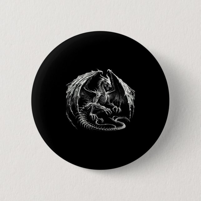 Skeleton Mythical Dragon Breathing Fire Fantasy Ha 2 Inch Round Button (Front)