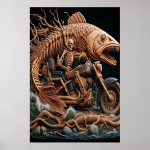 skeleton on a chopper mounted with a wolf head poster