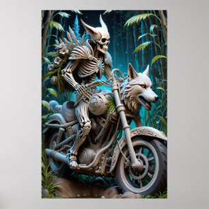 skeleton on a chopper mounted with a wolf head poster