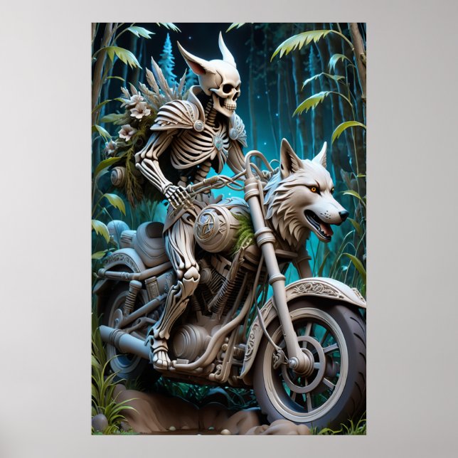 skeleton on a chopper mounted with a wolf head poster (Front)