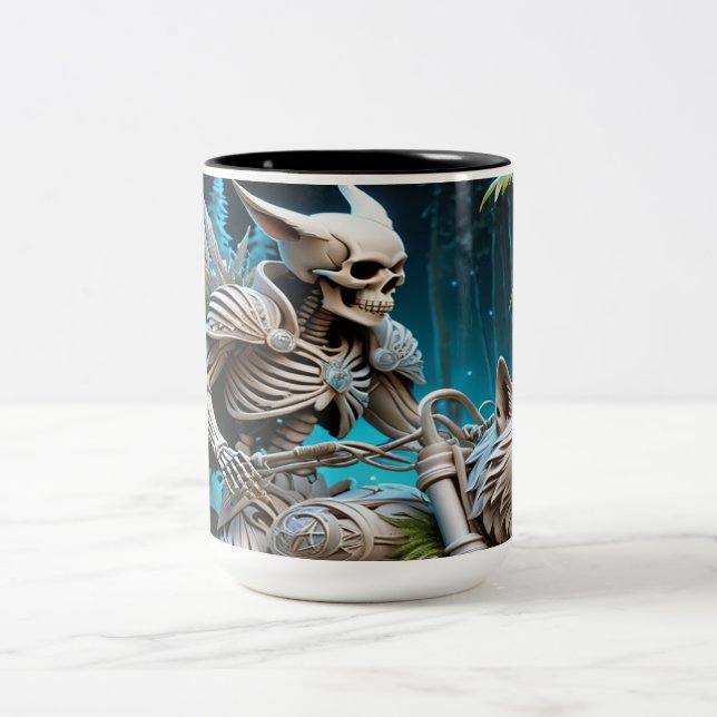 skeleton on a chopper mounted with a wolf head Two-Tone coffee mug (Center)