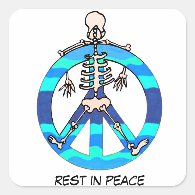 Skeleton on Blue Peace Sign RIP Rest in Peace  Square Sticker (Front)