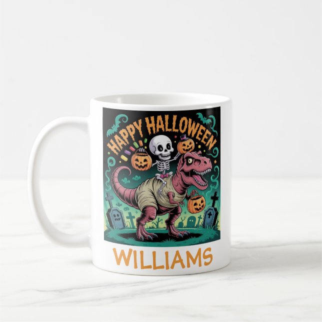 Skeleton on Mummy T-Rex – Spooky Dino Rider Coffee Mug (Left)
