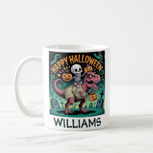 Skeleton on Mummy T-Rex – Spooky Dino Rider Coffee Mug