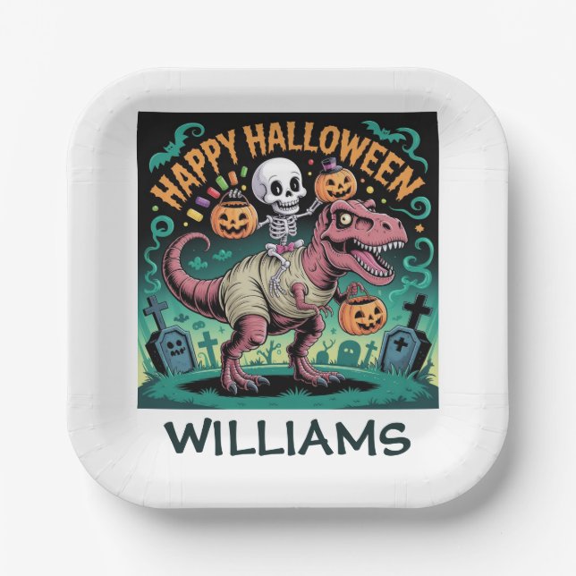 Skeleton on Mummy T-Rex – Spooky Dino Rider Paper Plate (Front)