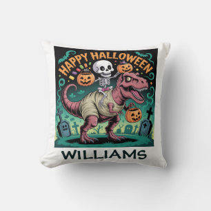 Skeleton on Mummy T-Rex – Spooky Dino Rider Throw Pillow