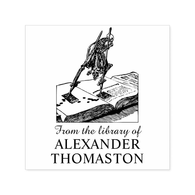 Skeleton on Stilts Walking on Book Library Name Self-inking Stamp (Design)