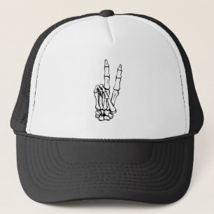 Skeleton Peace Sign Halloween Victory Two Fingers Trucker Hat