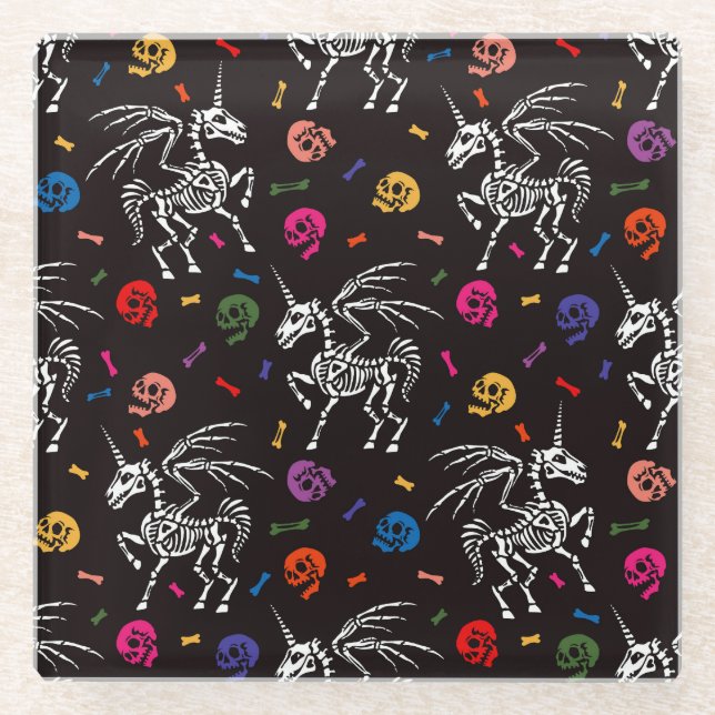 Skeleton Pegasus: colourful skulls pattern. Glass Coaster (Front)