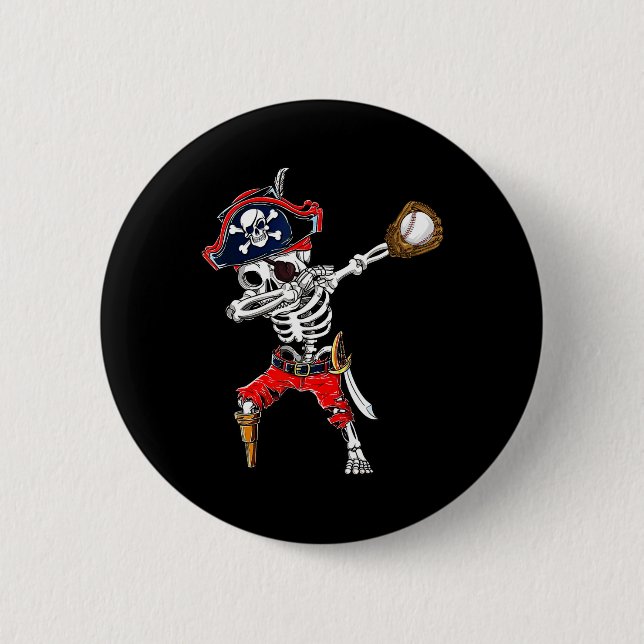 Skeleton Pirate &amp; Baseball Ball Halloween Cost 2 Inch Round Button (Front)