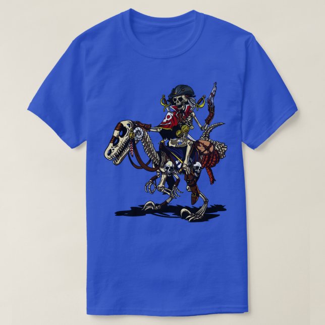 Skeleton Pirate Captain Riding Dinosaur T-Shirt (Design Front)
