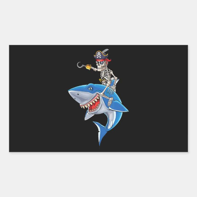 Skeleton Pirate Riding Shark Cute Boys Halloween Sticker (Front)