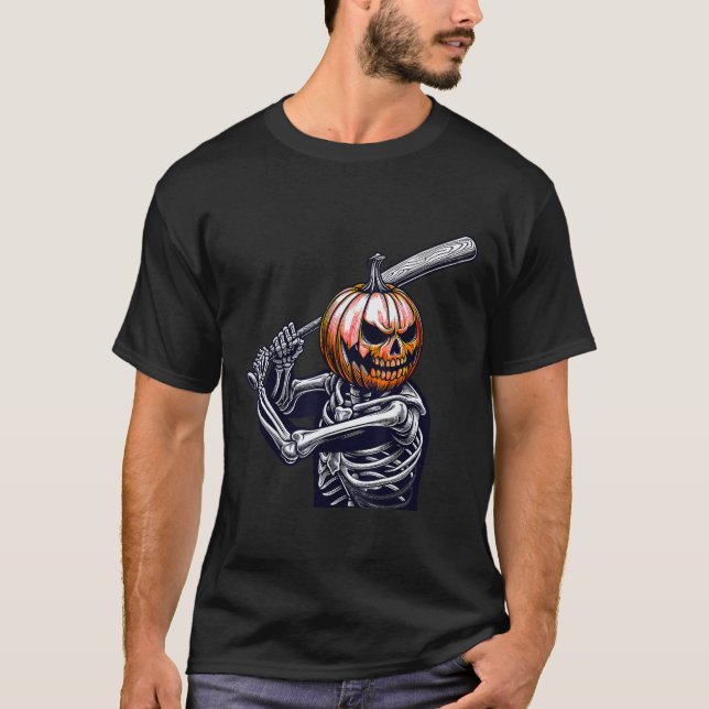 Skeleton Playing Baseball Player Halloween  T-Shirt (Front)