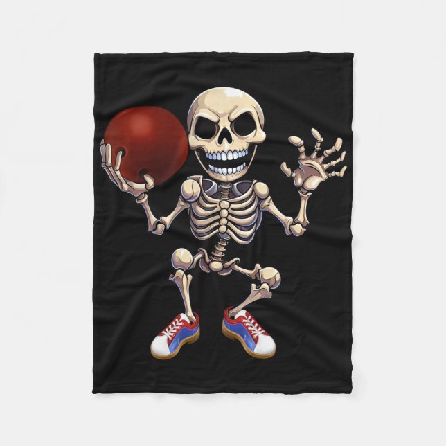 Skeleton Playing Bowling Funny Halloween Skull Kid Fleece Blanket (Front)