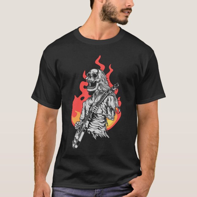 Skeleton playing electric Guitar Flames Rock Music T-Shirt (Front)