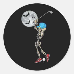 Skeleton Playing Golf Golfing Happy Halloween Day  Classic Round Sticker