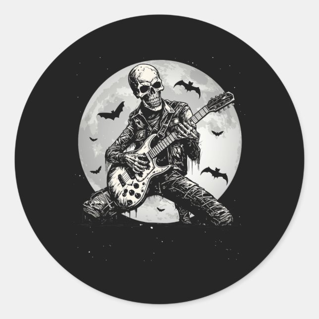 Skeleton Playing Guitar Punk Rock Music Halloween  Classic Round Sticker (Front)