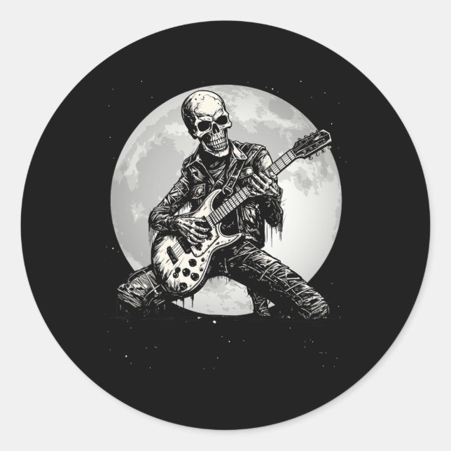 Skeleton Playing Guitar Punk Rock Music Halloween  Classic Round Sticker (Front)