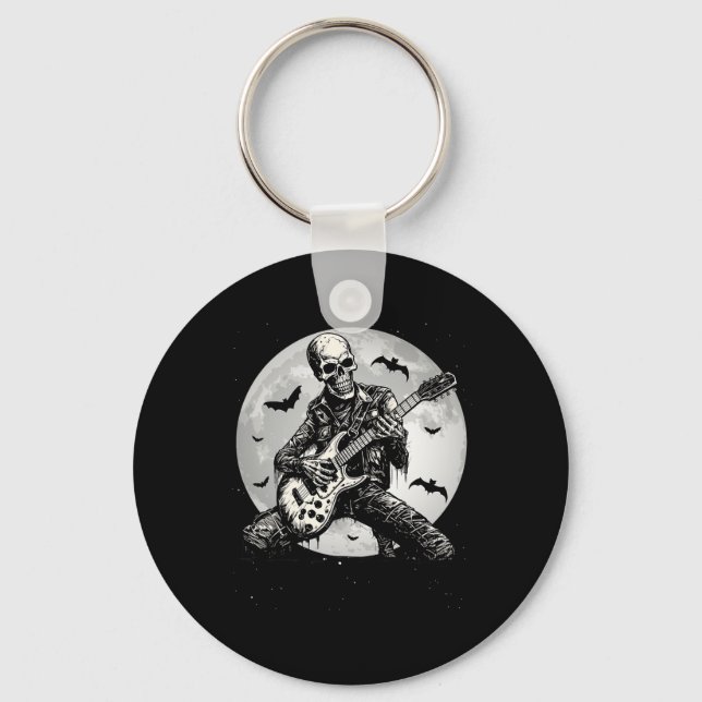 Skeleton Playing Guitar Punk Rock Music Halloween  Keychain (Front)