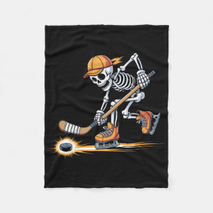 Skeleton Playing Hockey In Skates With Cap And Sti Fleece Blanket