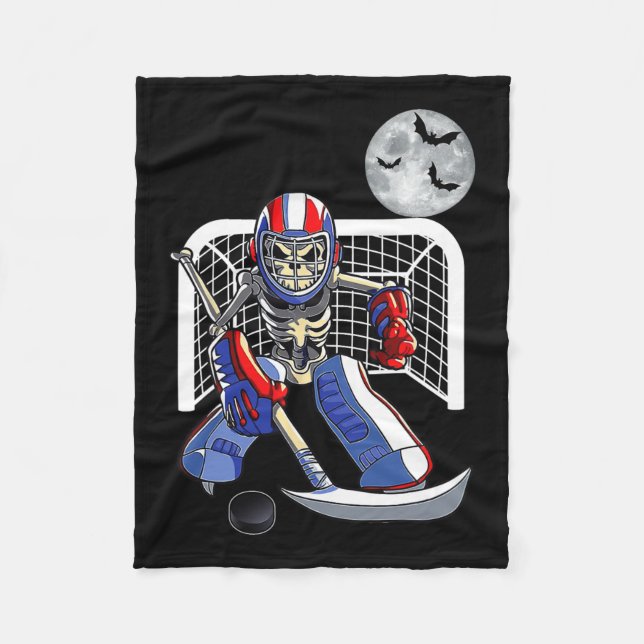 Skeleton Playing Ice Hockey Happy Halloween Day Bo Fleece Blanket (Front)