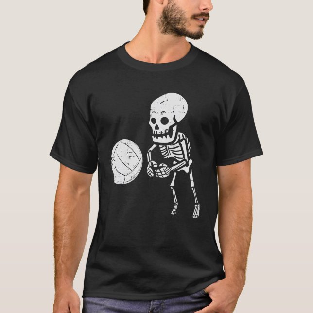 Skeleton Playing Volleyball Funny Halloween T-Shirt (Front)