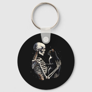Skeleton Playing With A Cat Graphic Skull Cat Grap Keychain